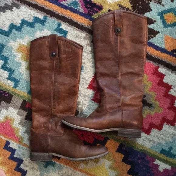 LEATHER COGNAC BROWN TALL FRYE BOOTS - Picture 6 of 7